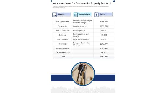 Your Investment For Commercial Property Proposal One Pager Sample Example Document