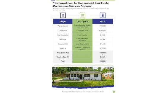 Your Investment For Commercial Real Estate Commission Services Proposal One Pager Sample Example Document Your Investment For Commercial Real Estate Commission Services Proposal One Pager Sample Example Document