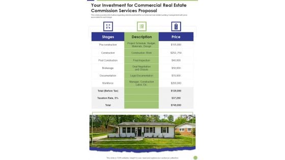 Your Investment For Commercial Real Estate Commission Services Proposal One Pager Sample Example Document