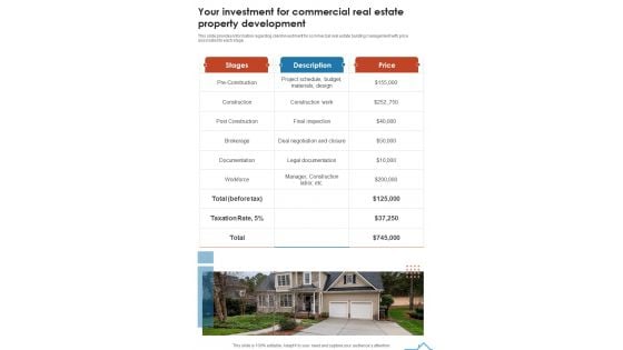 Your Investment For Commercial Real Estate Property Development One Pager Sample Example Document Your Investment For Commercial Real Estate Property Development One Pager Sample Example Document