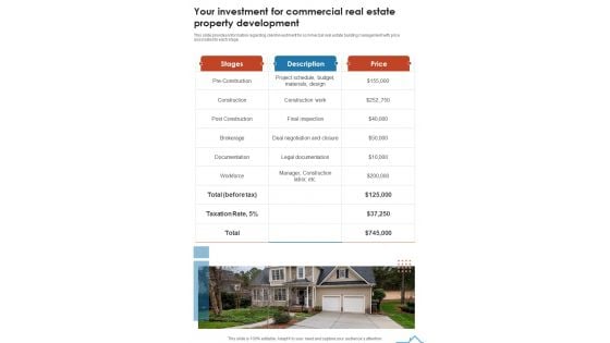 Your Investment For Commercial Real Estate Property Development One Pager Sample Example Document