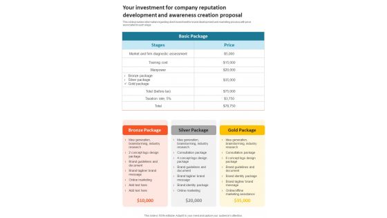 Your Investment For Company Reputation Development And Awareness Creation One Pager Sample Example Document Your Investment For Company Reputation Development And Awareness Creation One Pager Sample Example Document