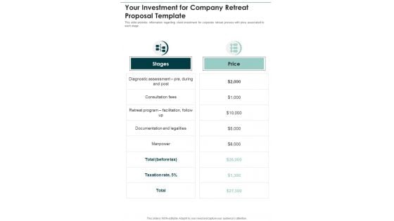 Your Investment For Company Retreat Proposal Template One Pager Sample Example Document