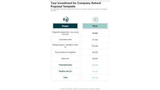 Your Investment For Company Retreat Proposal Template One Pager Sample Example Document Your Investment For Company Retreat Proposal Template One Pager Sample Example Document