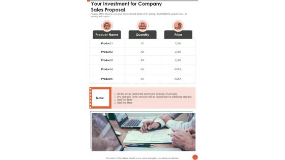 Your Investment For Company Sales Proposal One Pager Sample Example Document