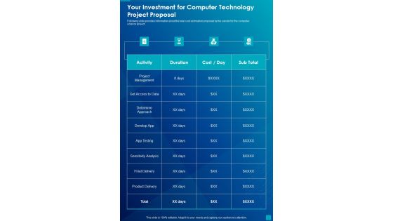 Your Investment For Computer Technology Project Proposal One Pager Sample Example Document