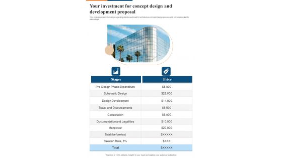 Your Investment For Concept Design And Development Proposal One Pager Sample Example Document