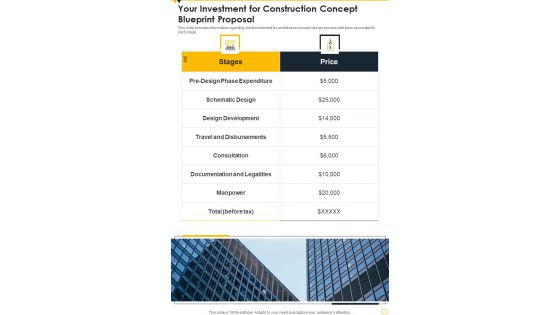 Your Investment For Construction Concept Blueprint Proposal One Pager Sample Example Document