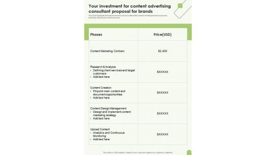 Your Investment For Content Advertising Consultant Proposal For Brands One Pager Sample Example Document Your Investment For Content Advertising Consultant Proposal For Brands One Pager Sample Example Document