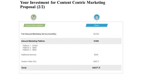 Your Investment For Content Centric Marketing Proposal Service Ppt PowerPoint Presentation Pictures Elements Your Investment For Content Centric Marketing Proposal Service Ppt PowerPoint Presentation Pictures Elements