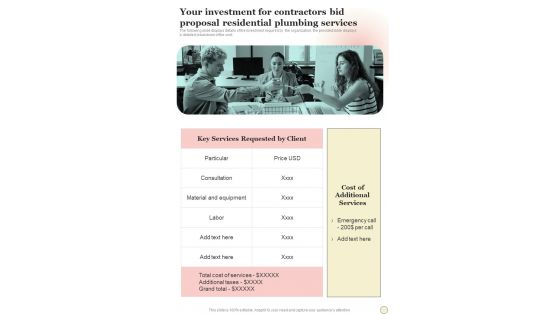 Your Investment For Contractors Bid Proposal Residential Plumbing Services One Pager Sample Example Document