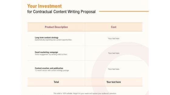 Your Investment For Contractual Content Writing Proposal Ppt PowerPoint Presentation Portfolio Deck PDF Your Investment For Contractual Content Writing Proposal Ppt PowerPoint Presentation Portfolio Deck PDF