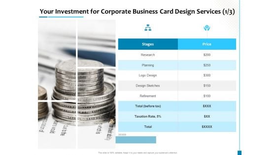 Your Investment For Corporate Business Card Design Services Logo Design Template PDF