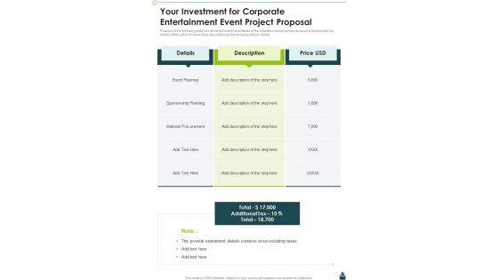 Your Investment For Corporate Entertainment Event Project Proposal One Pager Sample Example Document