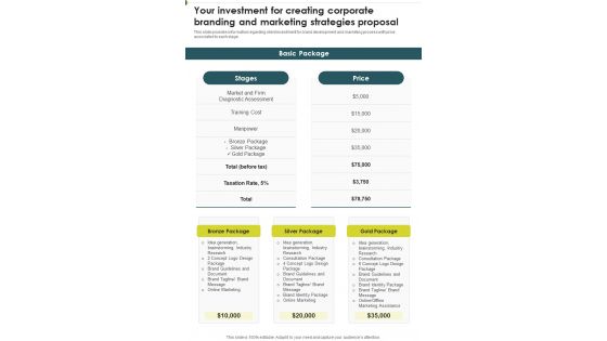 Your Investment For Creating Corporate Branding And Marketing Strategies Proposal One Pager Sample Example Document Your Investment For Creating Corporate Branding And Marketing Strategies Proposal One Pager Sample Example Document