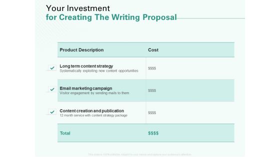 Your Investment For Creating The Writing Proposal Ppt Icon Graphics Pictures PDF