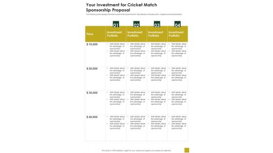 Your Investment For Cricket Match Sponsorship Proposal One Pager Sample Example Document