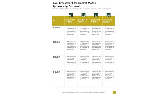 Your Investment For Cricket Match Sponsorship Proposal One Pager Sample Example Document Your Investment For Cricket Match Sponsorship Proposal One Pager Sample Example Document
