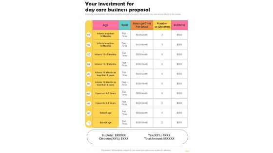 Your Investment For Day Care Business Proposal One Pager Sample Example Document