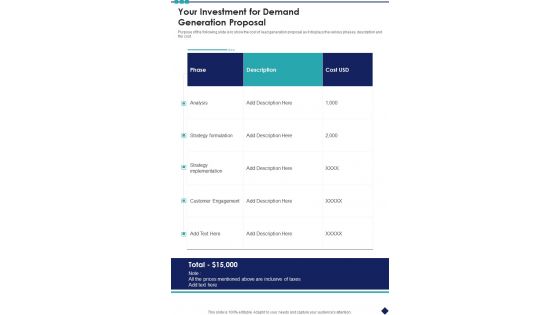 Your Investment For Demand Generation Proposal One Pager Sample Example Document