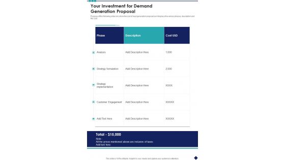 Your Investment For Demand Generation Proposal One Pager Sample Example Document Your Investment For Demand Generation Proposal One Pager Sample Example Document