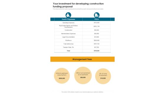 Your Investment For Developing Construction Funding Proposal One Pager Sample Example Document Your Investment For Developing Construction Funding Proposal One Pager Sample Example Document