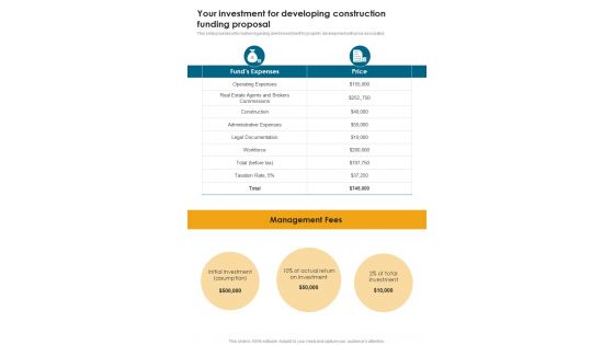 Your Investment For Developing Construction Funding Proposal One Pager Sample Example Document