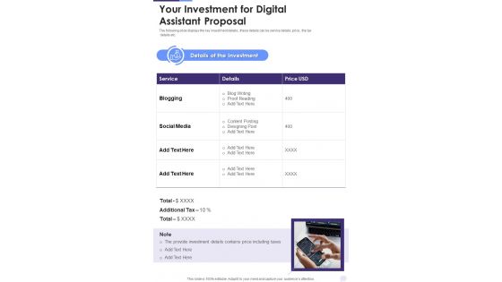 Your Investment For Digital Assistant Proposal One Pager Sample Example Document