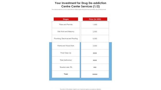 Your Investment For Drug De Addiction Centre Center Services One Pager Sample Example Document Your Investment For Drug De Addiction Centre Center Services One Pager Sample Example Document