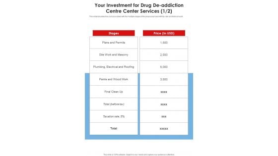 Your Investment For Drug De Addiction Centre Center Services One Pager Sample Example Document