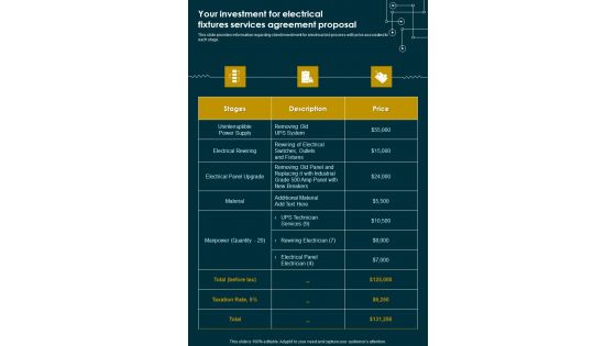 Your Investment For Electrical Fixtures Services Agreement Proposal One Pager Sample Example Document Your Investment For Electrical Fixtures Services Agreement Proposal One Pager Sample Example Document