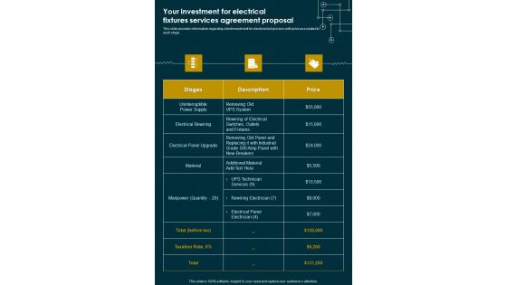 Your Investment For Electrical Fixtures Services Agreement Proposal One Pager Sample Example Document