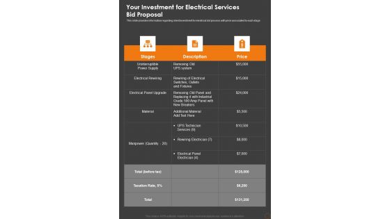 Your Investment For Electrical Services Bid Proposal One Pager Sample Example Document