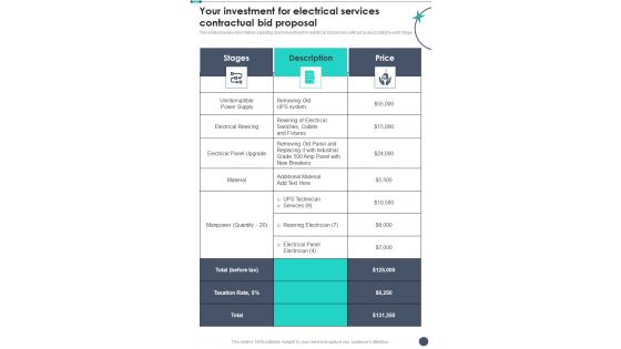 Your Investment For Electrical Services Contractual Bid Proposal One Pager Sample Example Document