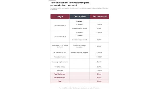 Your Investment For Employee Perk Administration Proposal One Pager Sample Example Document