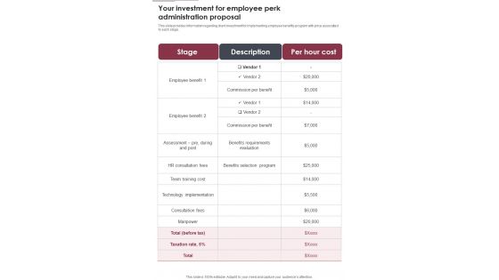 Your Investment For Employee Perk Administration Proposal One Pager Sample Example Document Your Investment For Employee Perk Administration Proposal One Pager Sample Example Document