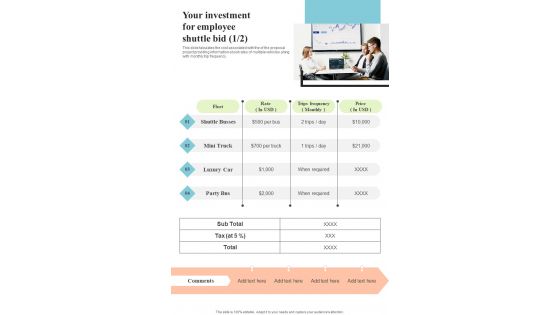 Your Investment For Employee Shuttle Bid One Pager Sample Example Document