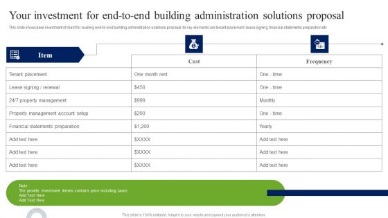 Your Investment For End To End Building Administration Solutions Proposal Icons PDF