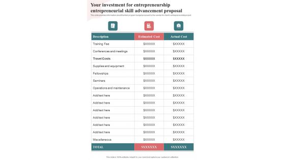 Your Investment For Entrepreneurship Entrepreneurial Skill Advancement Proposal One Pager Sample Example Document