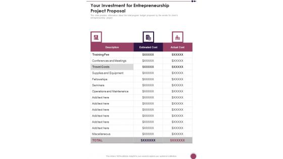 Your Investment For Entrepreneurship Project Proposal One Pager Sample Example Document