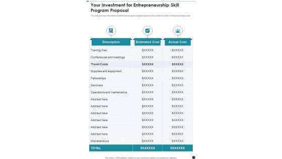 Your Investment For Entrepreneurship Skill Program Proposal One Pager Sample Example Document