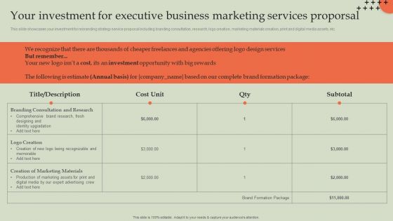 Your Investment For Executive Business Marketing Services Proporsal Topics PDF