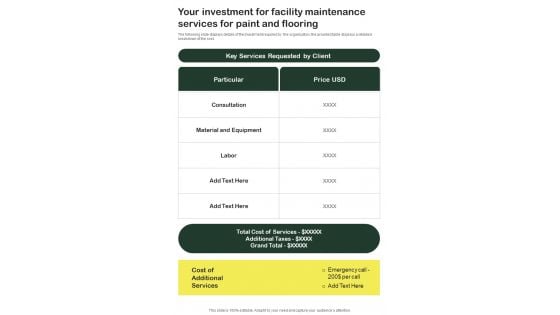Your Investment For Facility Maintenance Services For Paint And Flooring One Pager Sample Example Document Your Investment For Facility Maintenance Services For Paint And Flooring One Pager Sample Example Document
