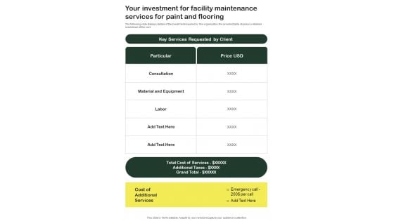 Your Investment For Facility Maintenance Services For Paint And Flooring One Pager Sample Example Document