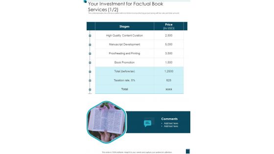 Your Investment For Factual Book Services One Pager Sample Example Document