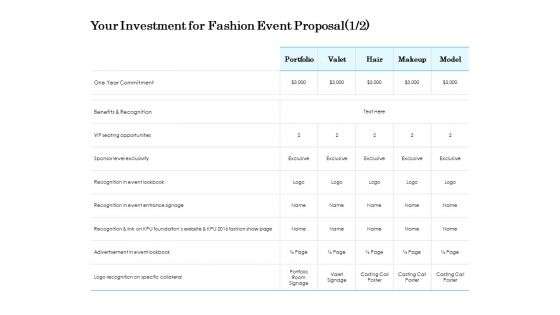 Your Investment For Fashion Event Proposal Opportunities Ppt PowerPoint Presentation File Guidelines Your Investment For Fashion Event Proposal Opportunities Ppt PowerPoint Presentation File Guidelines