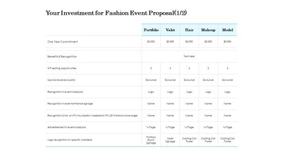 Your Investment For Fashion Event Proposal Opportunities Ppt PowerPoint Presentation File Guidelines