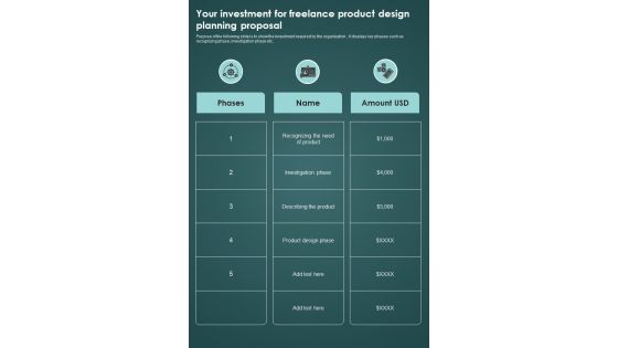 Your Investment For Freelance Product Design Planning Proposal One Pager Sample Example Document