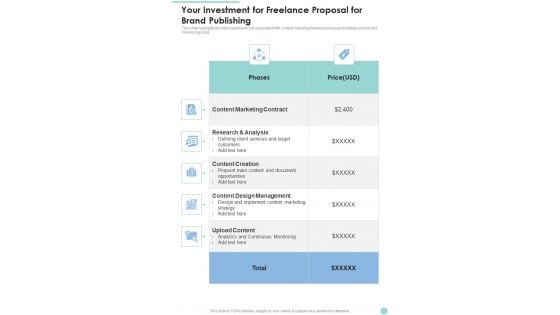 Your Investment For Freelance Proposal For Brand Publishing One Pager Sample Example Document