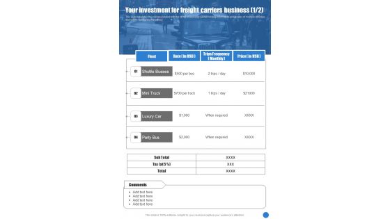 Your Investment For Freight Carriers Business One Pager Sample Example Document